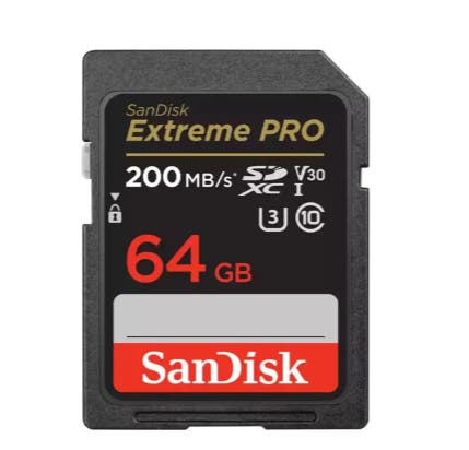 SanDisk Extreme Pro SDXC 64GB memory card.