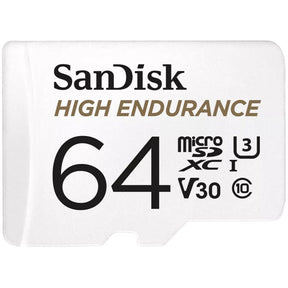 SanDisk High Endurance microSDHC 64GB memory card with adapter.