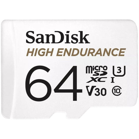 SanDisk High Endurance microSDHC 64GB memory card with adapter.