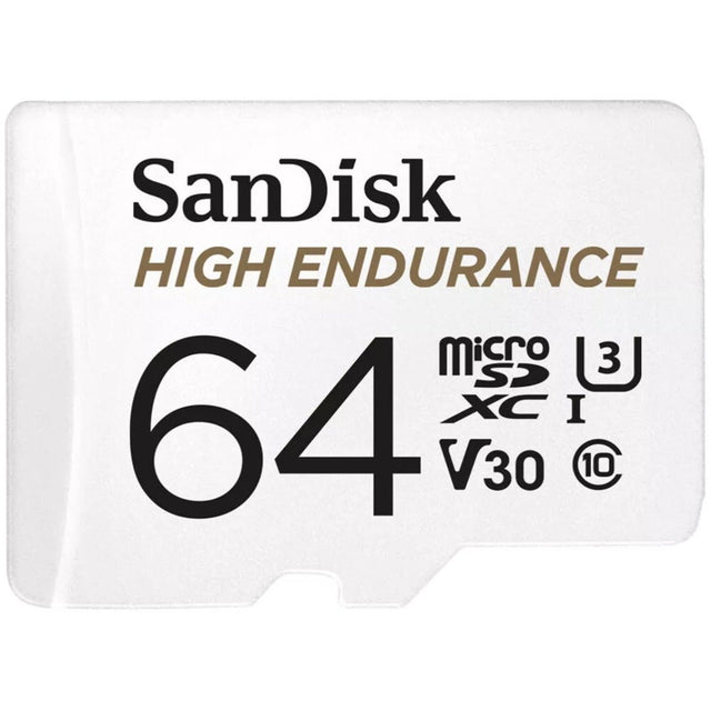 SanDisk High Endurance microSDHC 64GB memory card with adapter.