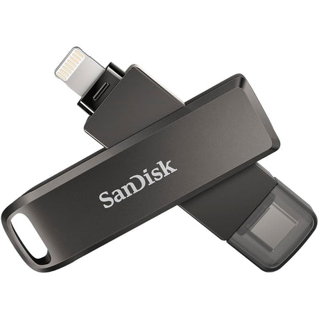 SanDisk iXpand Luxe SDIX70N 128GB flash drive with Lightning and USB Type C connectors.