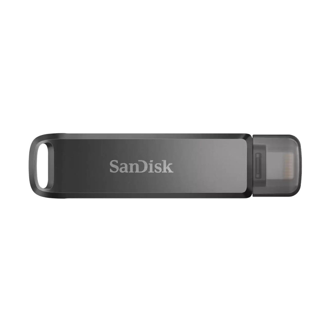 SanDisk iXpand Luxe SDIX70N 256GB flash drive with Lightning and USB Type C connectors.