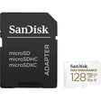 SanDisk MAX ENDURANCE 128GB microSD memory card with adapter.
