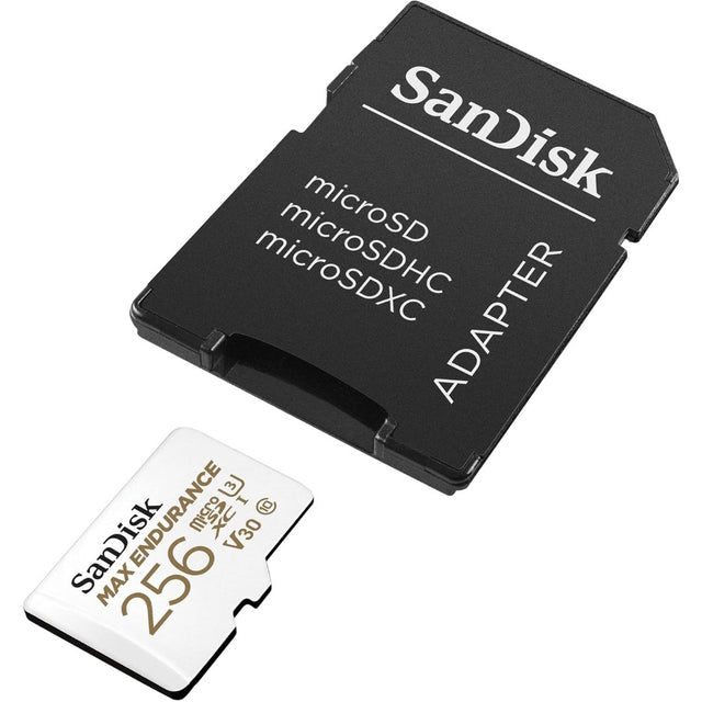 SanDisk MAX ENDURANCE 256GB microSD memory card with adapter.