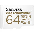 SanDisk MAX ENDURANCE 64GB microSD memory card with adapter.