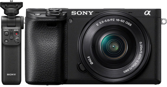 Sony Alpha A6400 mirrorless camera with 16-50mm lens and Bluetooth grip
